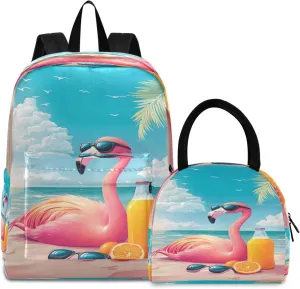 MCHIVER Cool Flamingo Blue School Backpacks for Boys & Girls Light Weight Bookbag set with Lunch Box Rucksack for School Work 2 Pcs
