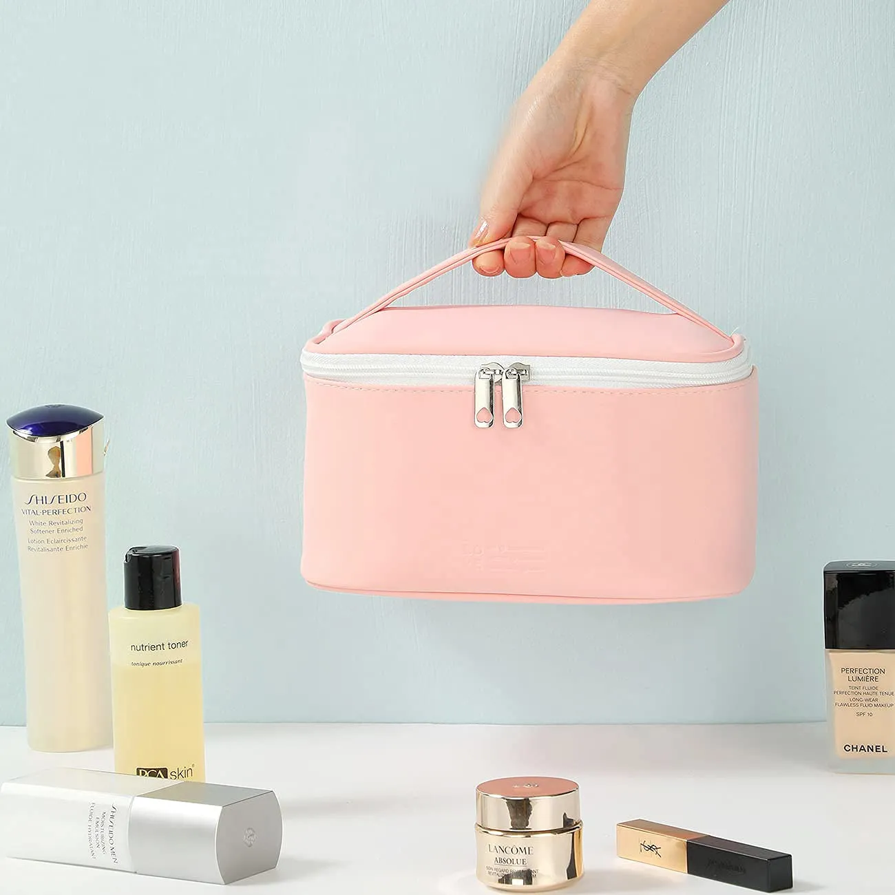 Meiyuuo Makeup Bag Cosmetic Bags Medium Travel Pouch for Women Girls Portable Toiletry Case Organizer Waterproof Cute (Light Pink)