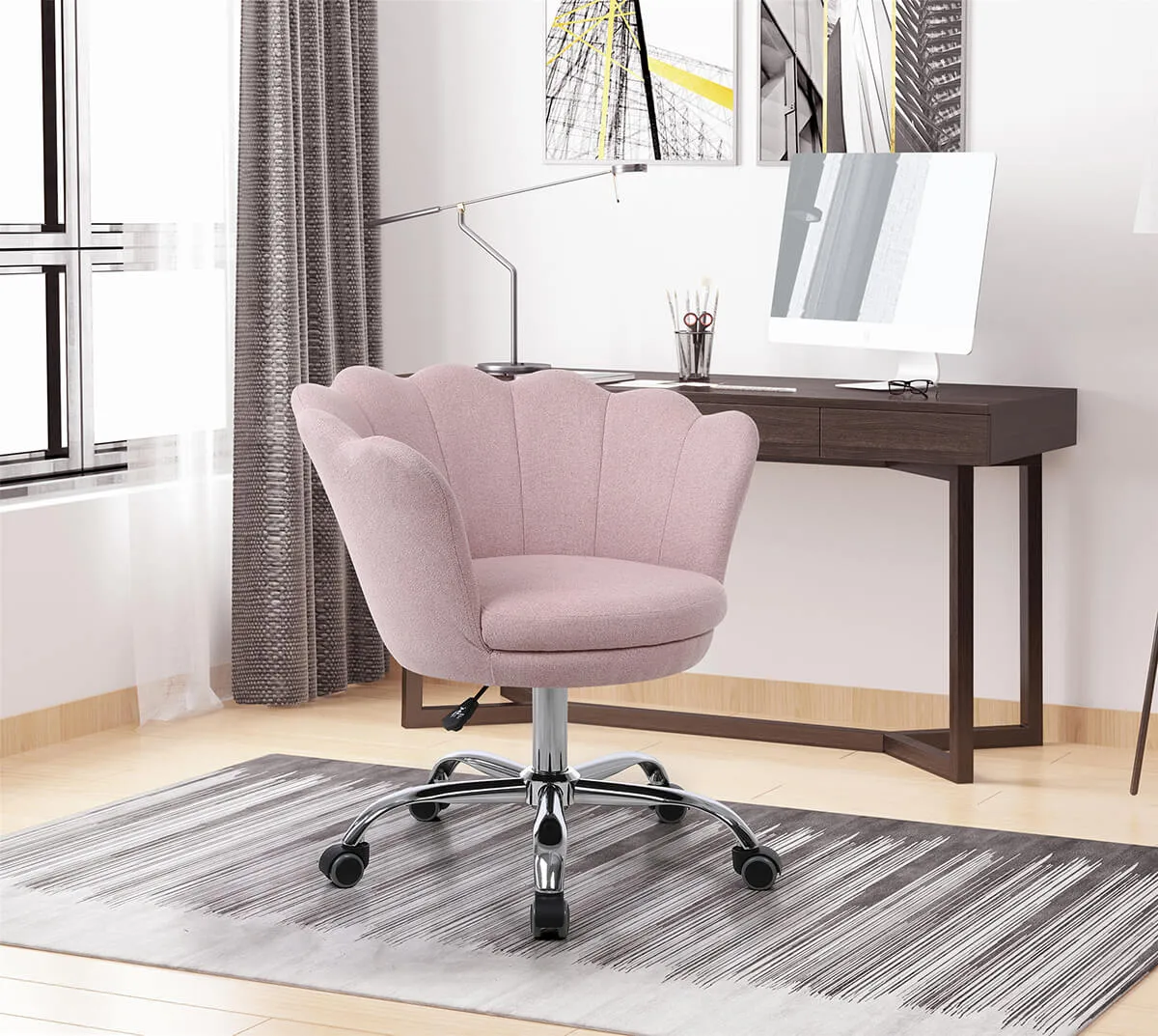 Modern Home Office Chair, Cute Velvet Upholstered Shell Chair Adjustable Swivel Vanity Chair for Women, Pink