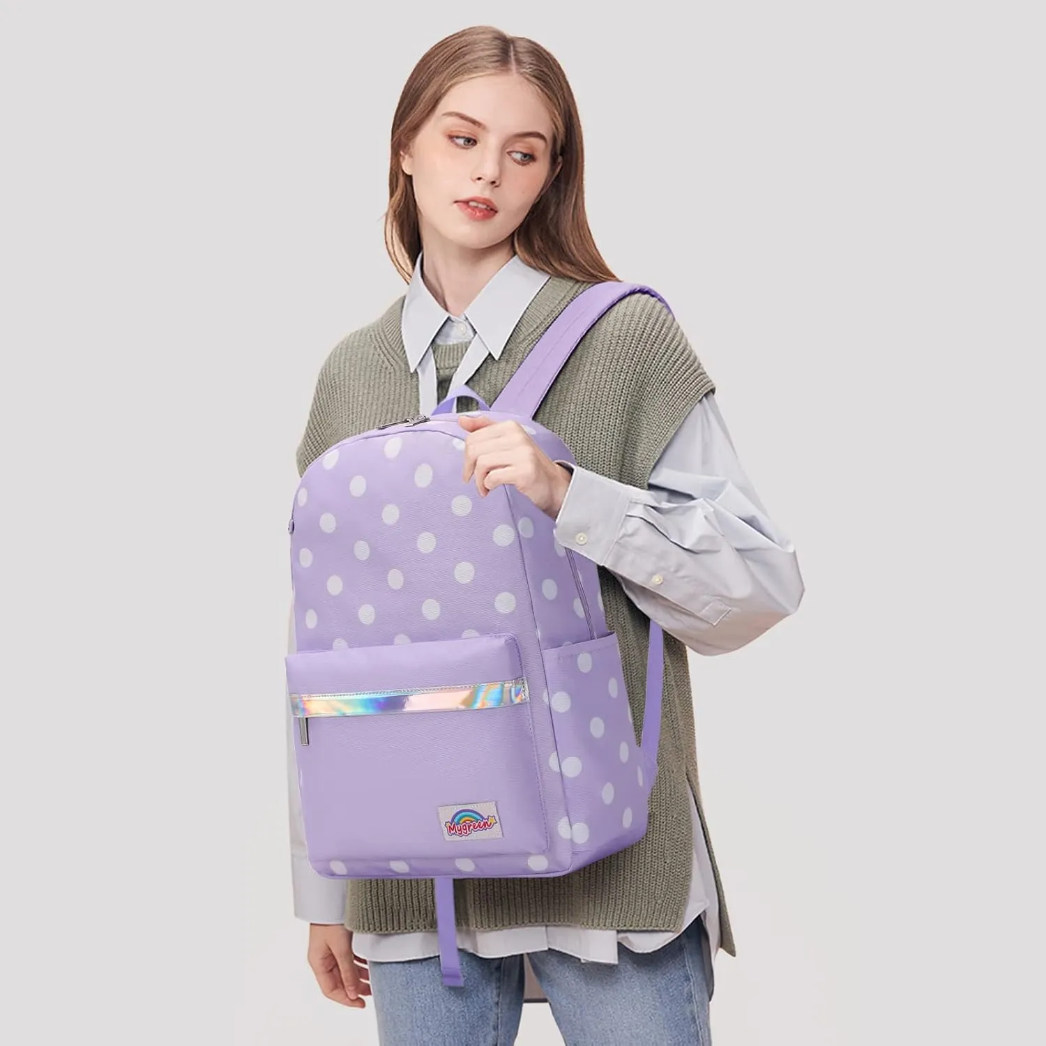mygreen Cartoon Dot Prints Backpacks for Girls Kids Elementary School Bags Boys Nylon Bookbag Light Purple