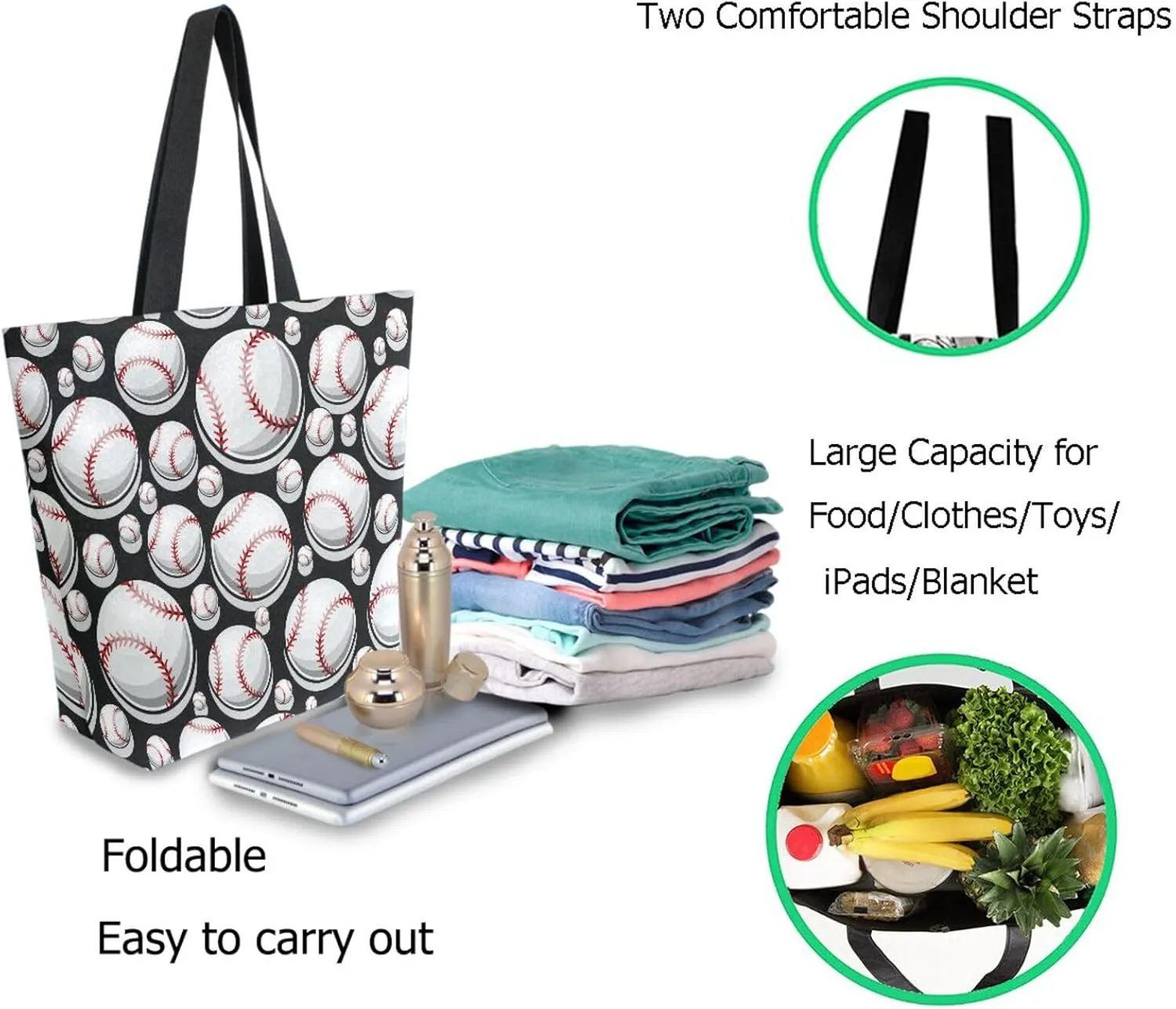 Naanle Extra Large Tote Handle Bags, Stylish Baseball Balls Pattern Canvas Reusable Market Beach Travel Gym Shopping Shoulder Bag for Women