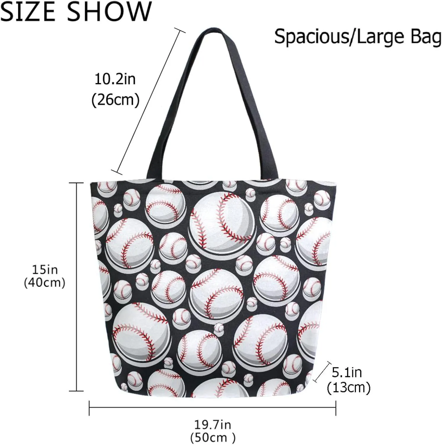 Naanle Extra Large Tote Handle Bags, Stylish Baseball Balls Pattern Canvas Reusable Market Beach Travel Gym Shopping Shoulder Bag for Women