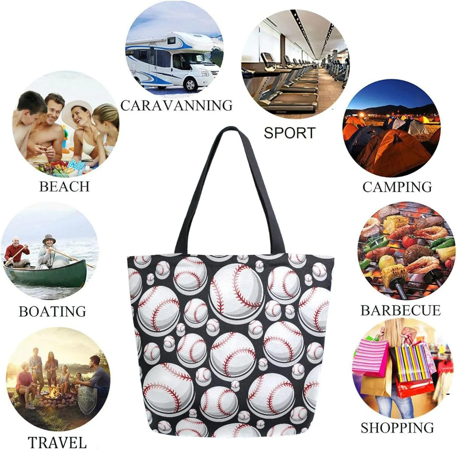 Naanle Extra Large Tote Handle Bags, Stylish Baseball Balls Pattern Canvas Reusable Market Beach Travel Gym Shopping Shoulder Bag for Women