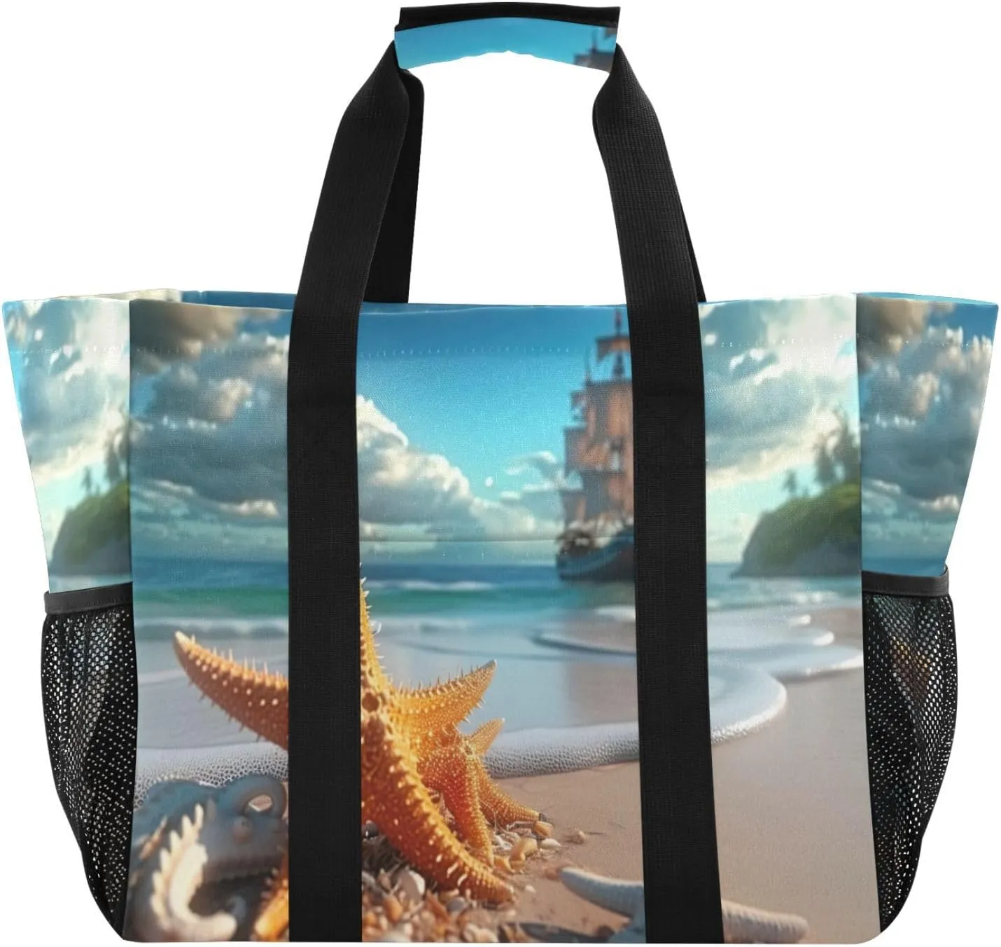 Nander Beach Starfish Sailboat Foldable Tote Bag Waterproof Sandproof Women Beach Bag Handbag Gym Bag