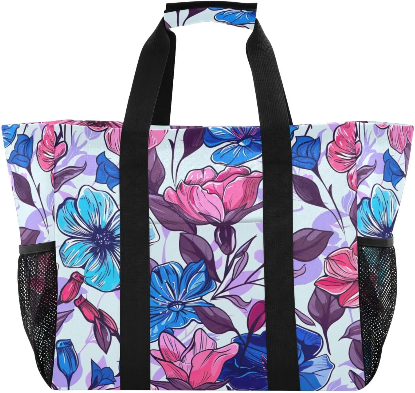 Nander Beautiful Colorful Flowers Foldable Tote Bag Waterproof Sandproof Women Beach Bag Handbag Gym Bag Travel Shopping Bag