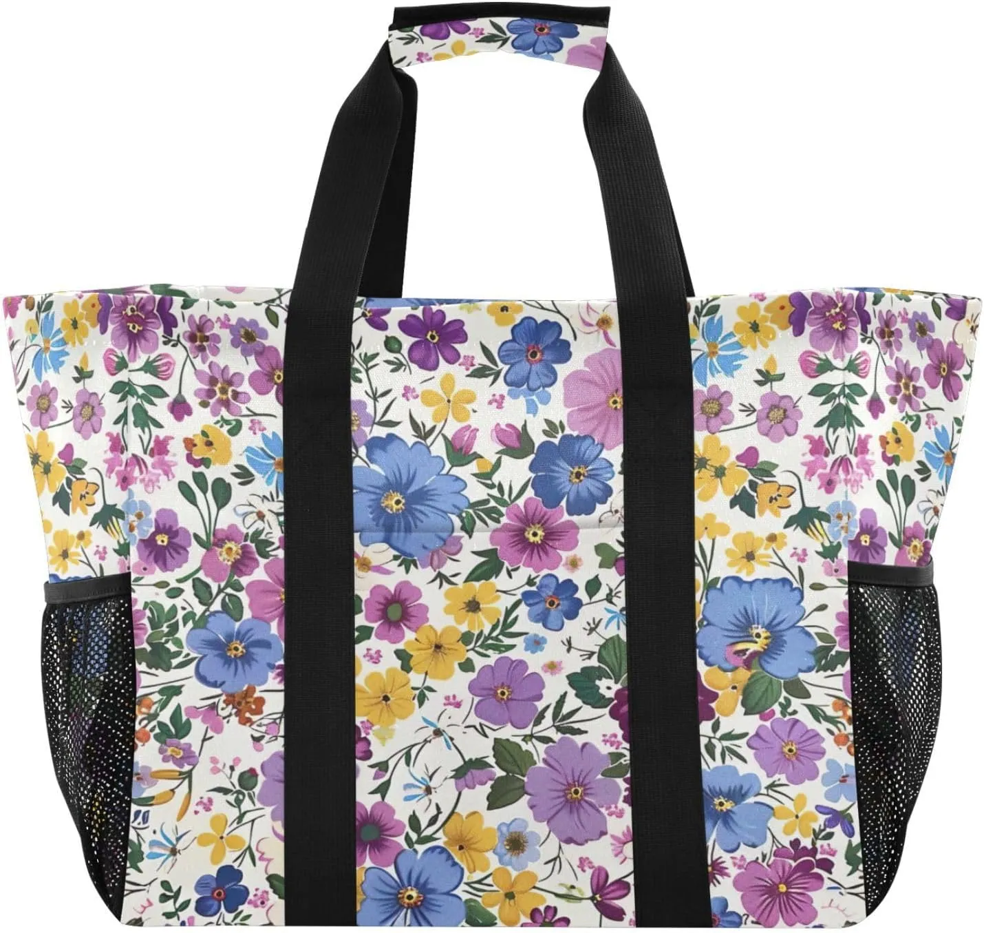 Nander Beautiful Colorful Flowers Foldable Tote Bag Waterproof Sandproof Women Beach Bag Handbag Gym Bag Travel Shopping Bag