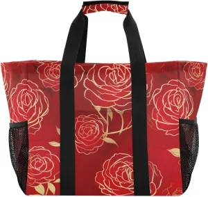 Nander Beautiful Red Roses Foldable Tote Bag Waterproof Sandproof Women Beach Bag Handbag Gym Bag