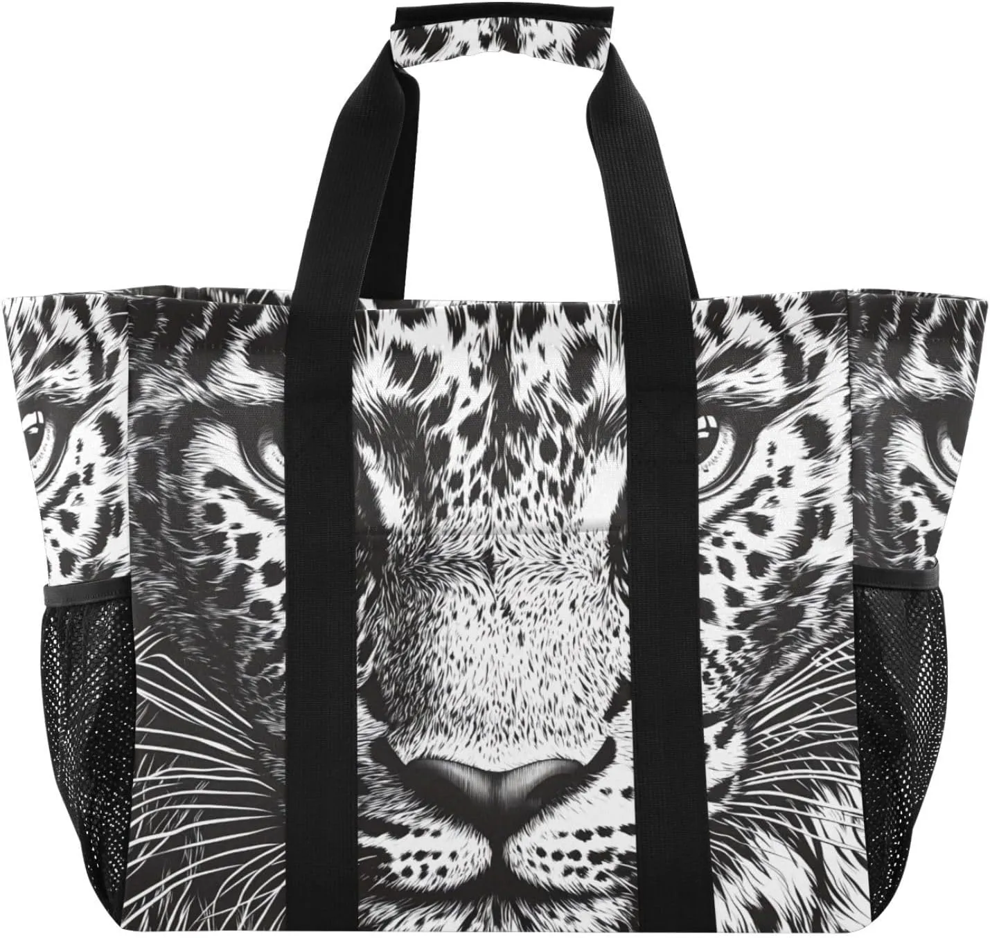 Nander Black and White Leopard Foldable Tote Bag Waterproof Sandproof Women Beach Bag Handbag Gym Bag