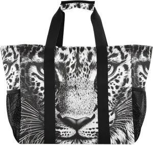 Nander Black and White Leopard Foldable Tote Bag Waterproof Sandproof Women Beach Bag Handbag Gym Bag