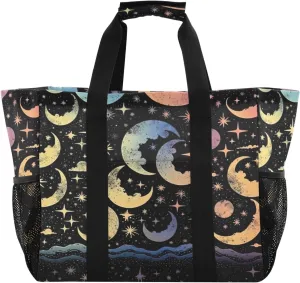 Nander Colorful Stars and Moon Foldable Tote Bag Waterproof Sandproof Women Beach Bag Handbag Gym Bag Travel Shopping Bag