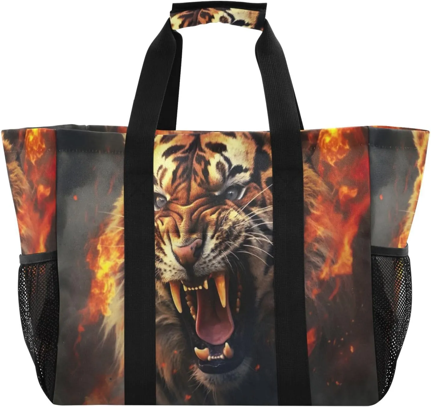 Nander Flame Fierce Tiger Foldable Tote Bag Waterproof Sandproof Women Beach Bag Handbag Gym Bag Travel Shopping Bag