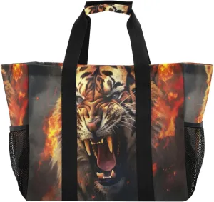 Nander Flame Fierce Tiger Foldable Tote Bag Waterproof Sandproof Women Beach Bag Handbag Gym Bag Travel Shopping Bag