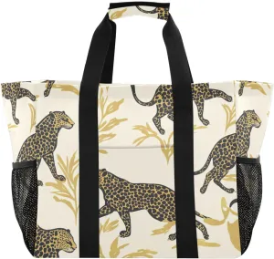 Nander Leopard and Leaf Foldable Tote Bag Waterproof Sandproof Women Beach Bag Handbag Gym Bag