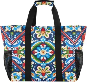 Nander Mexican Style Ceramic Tiles Foldable Tote Bag Waterproof Sandproof Women Beach Bag Handbag Gym Bag Travel Shopping Bag