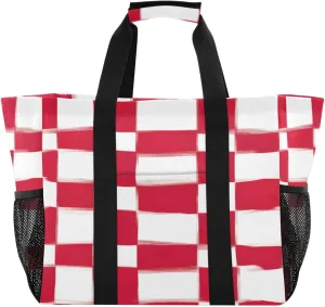Nander Red and White Squares Foldable Tote Bag Waterproof Sandproof Women Beach Bag Handbag Gym Bag
