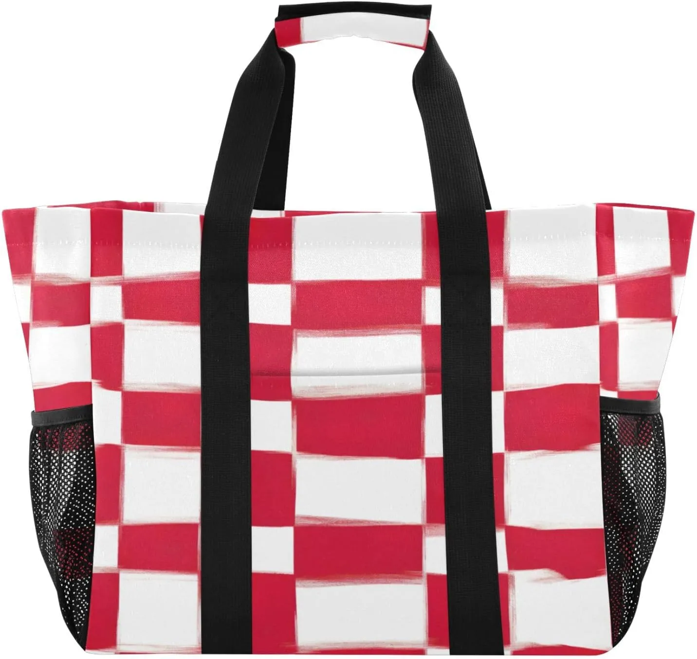 Nander Red and White Squares Foldable Tote Bag Waterproof Sandproof Women Beach Bag Handbag Gym Bag