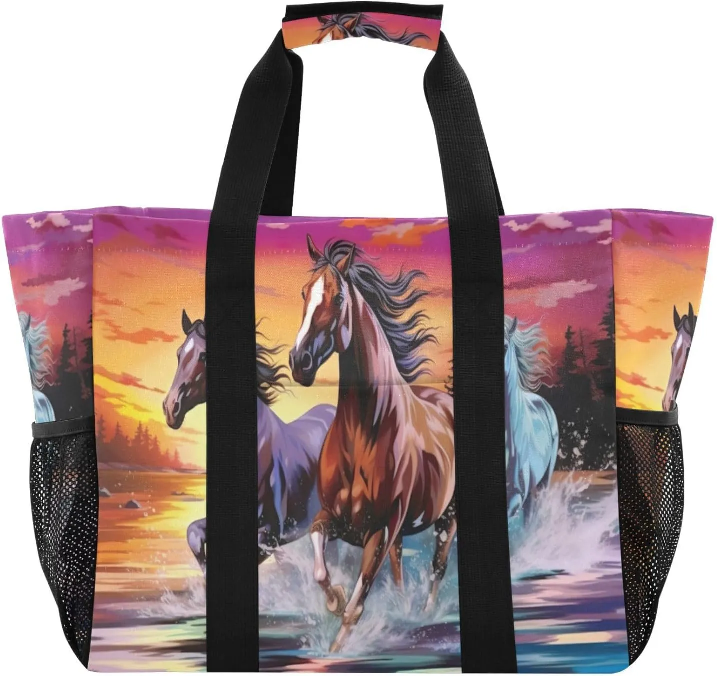 Nander Running Herds Of Horses Foldable Tote Bag Waterproof Sandproof Women Beach Bag Handbag Gym Bag Travel Shopping Bag