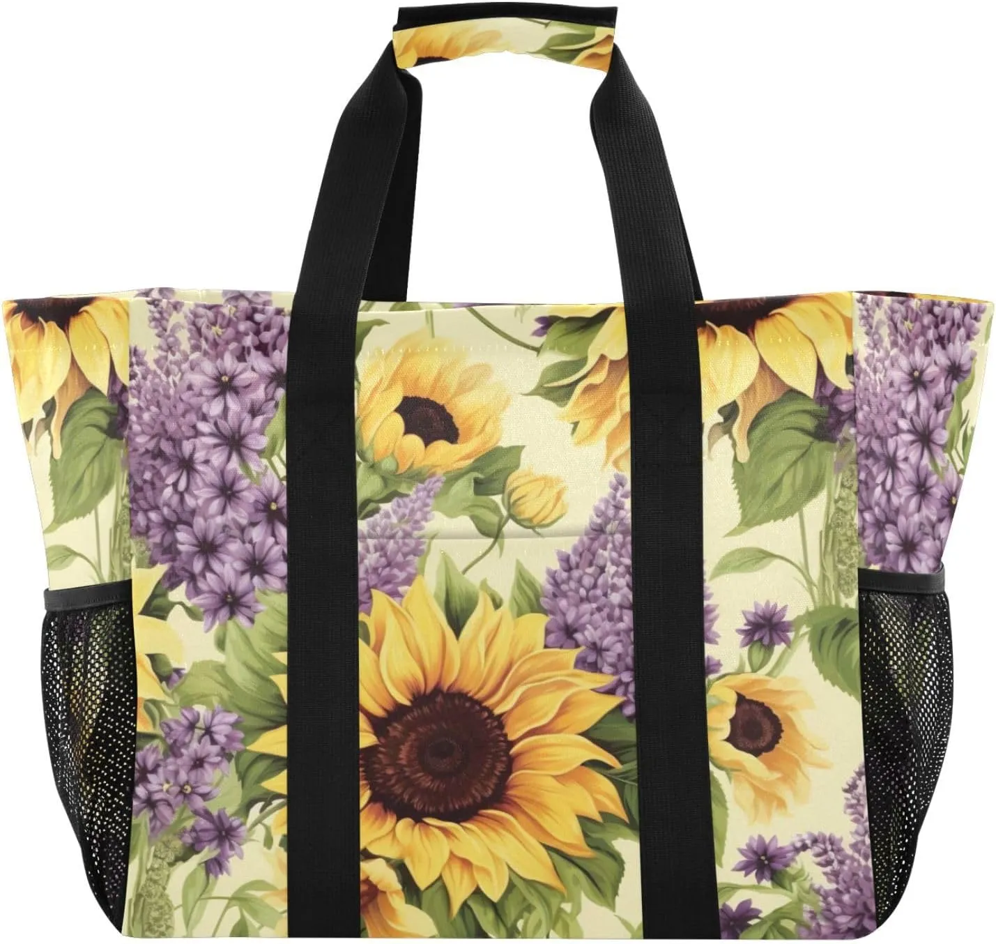 Nander Sunflowers and Lavender Foldable Tote Bag Waterproof Sandproof Women Beach Bag Handbag Gym Bag Travel Shopping Bag