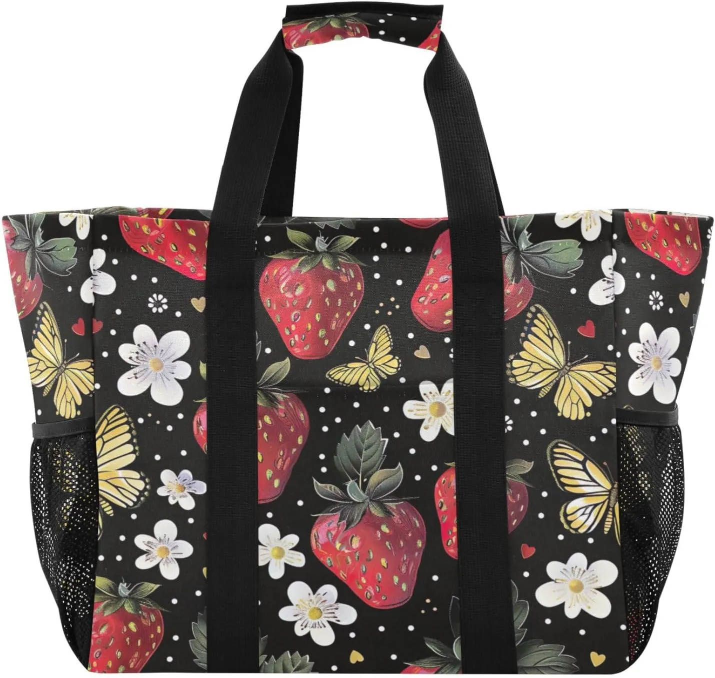 Nander Wildflowers and Strawberries Foldable Tote Bag Waterproof Sandproof Women Beach Bag Handbag Gym Bag Travel Shopping Bag