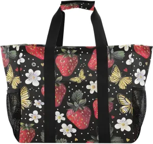 Nander Wildflowers and Strawberries Foldable Tote Bag Waterproof Sandproof Women Beach Bag Handbag Gym Bag Travel Shopping Bag