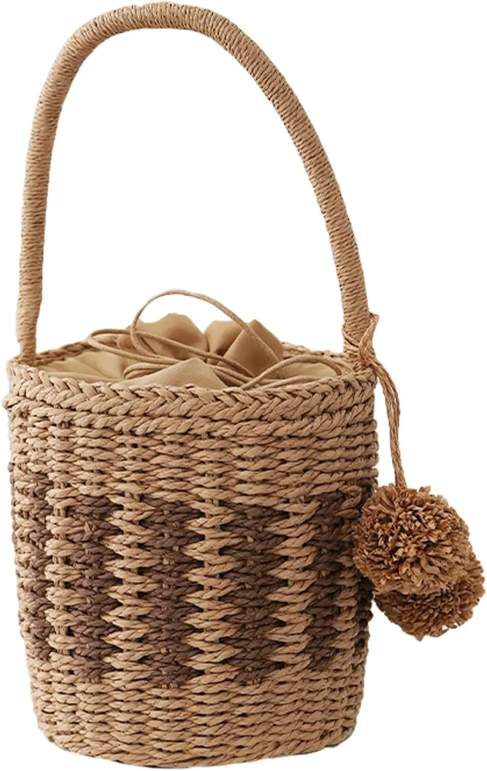 Obosoyo Trendy Round Water Bucket Bag Women Summer Straw Handbag Handmade Woven Tote Pom Pom Simple Gift Box Daily Versatile Bag