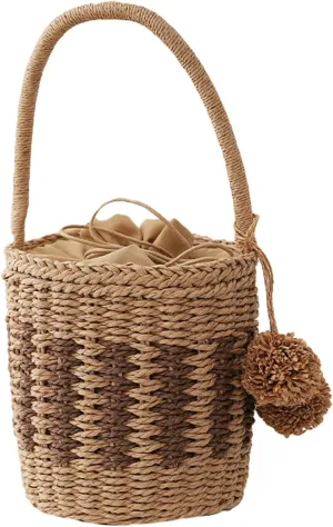 Obosoyo Trendy Round Water Bucket Bag Women Summer Straw Handbag Handmade Woven Tote Pom Pom Simple Gift Box Daily Versatile Bag
