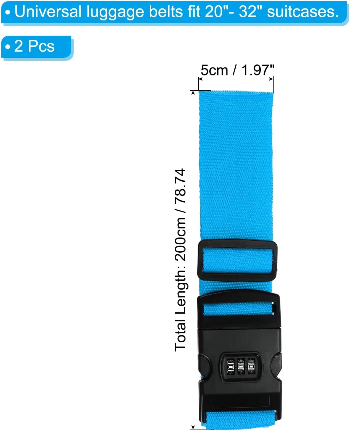 PATIKIL Luggage Straps, 2 Pack Suitcase Straps Adjustable Luggage Belts Strap with Combination Lock for Luggage Suitcases Travel, Light Blue