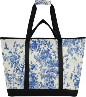Pattern Light Blue White Large Insulated Tote Bag for Grocery Shopping Reusable Tote Bags for Women Men, Cooler Bag with Zippered Top & Handles for Beach Picnic Travel