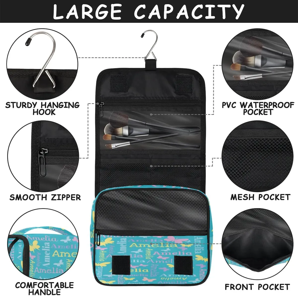 Personalized Gift Travel Makeup Bag Hanging Cosmetic Bag Make Up Bag Organizer Toiletry Bag for Women Girls Christmas Birthday Gift Butterfly Light Blue