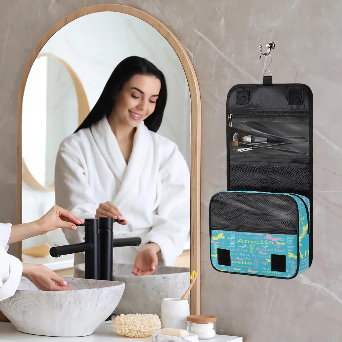 Personalized Gift Travel Makeup Bag Hanging Cosmetic Bag Make Up Bag Organizer Toiletry Bag for Women Girls Christmas Birthday Gift Butterfly Light Blue