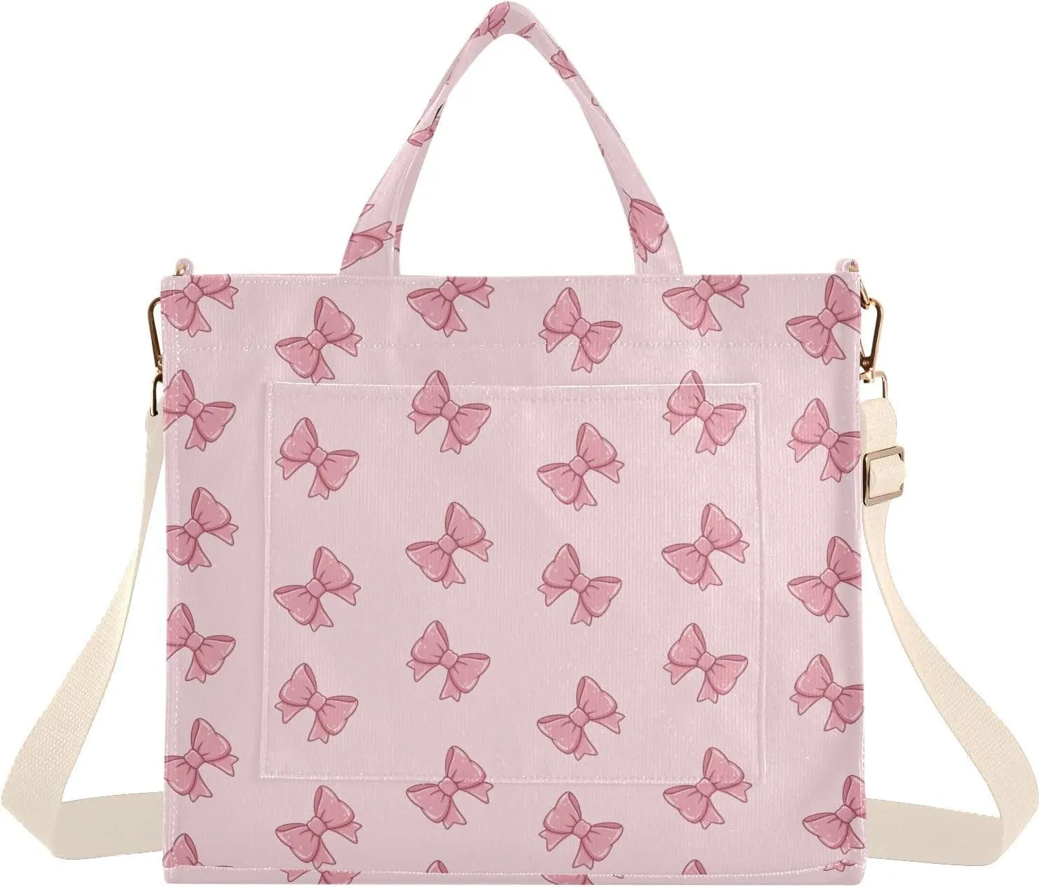 Pink Bows Print Corduroy Tote Bag for Women Hobo Crossbody Bag Purse Stylish Shoulder Handbag Messenger Bags, S