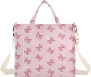 Pink Bows Print Corduroy Tote Bag for Women Hobo Crossbody Bag Purse Stylish Shoulder Handbag Messenger Bags, S