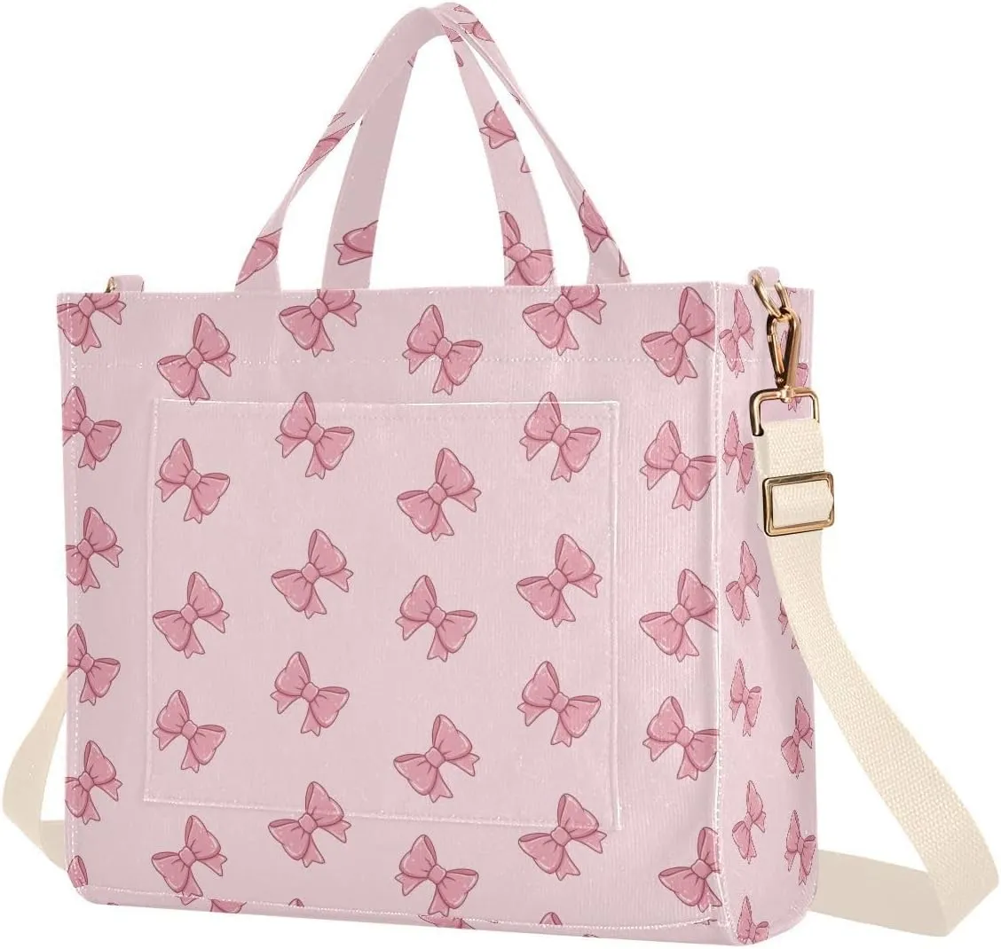 Pink Bows Print Corduroy Tote Bag for Women Hobo Crossbody Bag Purse Stylish Shoulder Handbag Messenger Bags, S