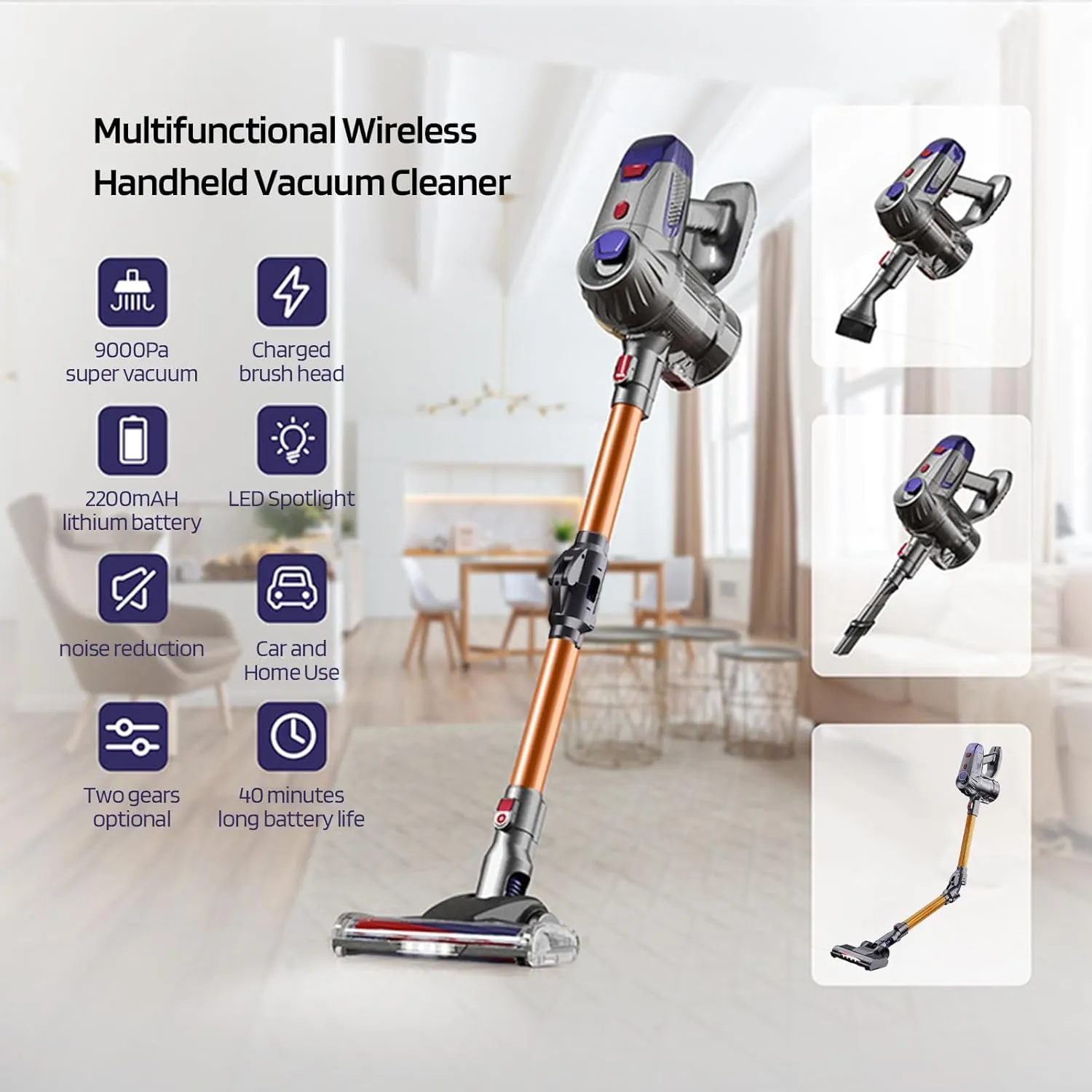 Powerful 12kPa Cordless Vacuum Cleaner with Dual Motor and LED Lights