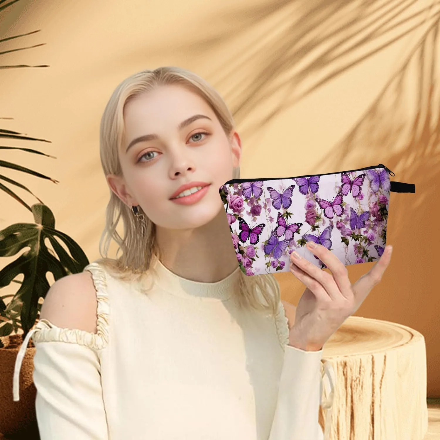Purple Butterflies Roses Print Cosmetic Bag Elegant Holiday & Birthday Gift Idea Travel Makeup Organizer with Zipper Stylish Toiletry Pouch for Women