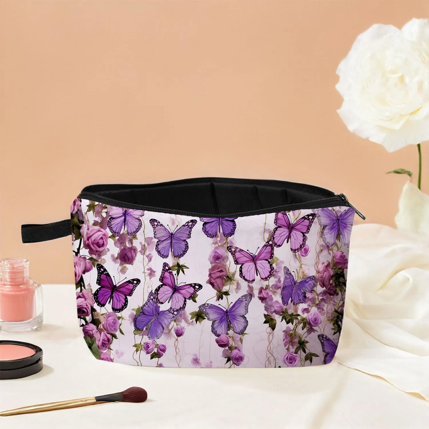 Purple Butterflies Roses Print Cosmetic Bag Elegant Holiday & Birthday Gift Idea Travel Makeup Organizer with Zipper Stylish Toiletry Pouch for Women