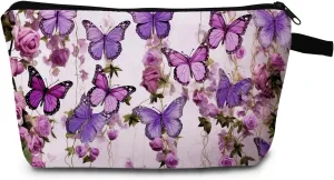 Purple Butterflies Roses Print Cosmetic Bag Elegant Holiday & Birthday Gift Idea Travel Makeup Organizer with Zipper Stylish Toiletry Pouch for Women