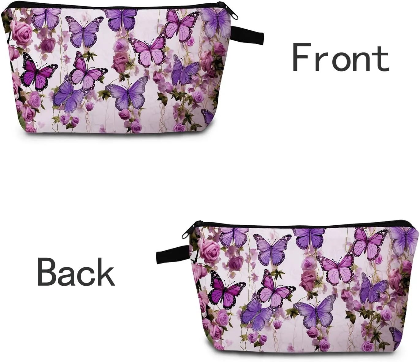 Purple Butterflies Roses Print Cosmetic Bag Elegant Holiday & Birthday Gift Idea Travel Makeup Organizer with Zipper Stylish Toiletry Pouch for Women