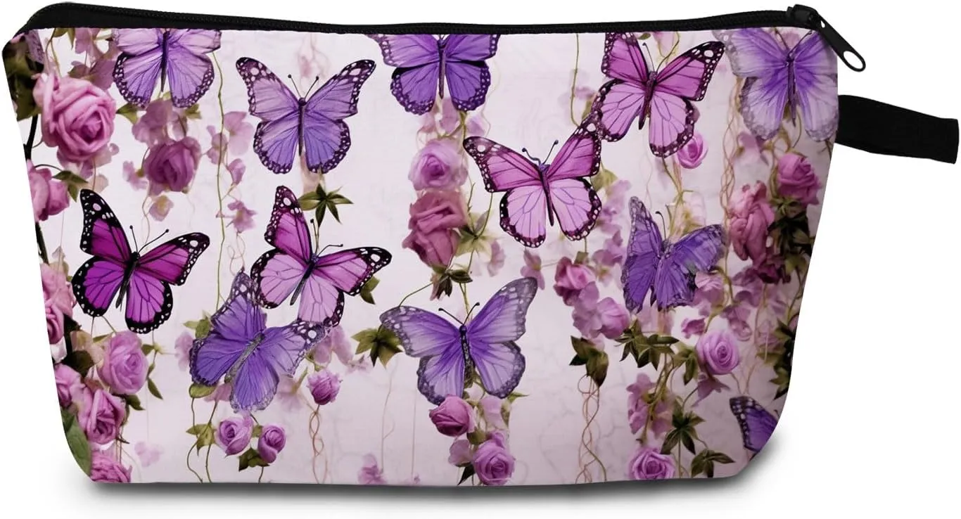 Purple Butterflies Roses Print Cosmetic Bag Elegant Holiday & Birthday Gift Idea Travel Makeup Organizer with Zipper Stylish Toiletry Pouch for Women