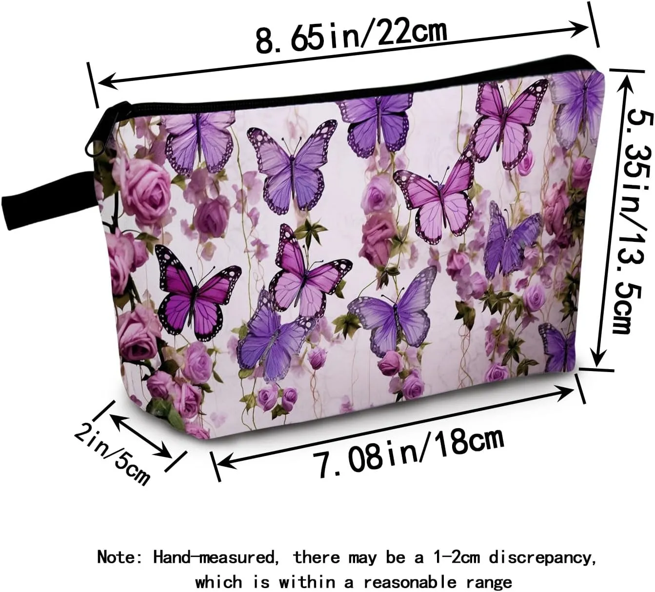 Purple Butterflies Roses Print Cosmetic Bag Elegant Holiday & Birthday Gift Idea Travel Makeup Organizer with Zipper Stylish Toiletry Pouch for Women