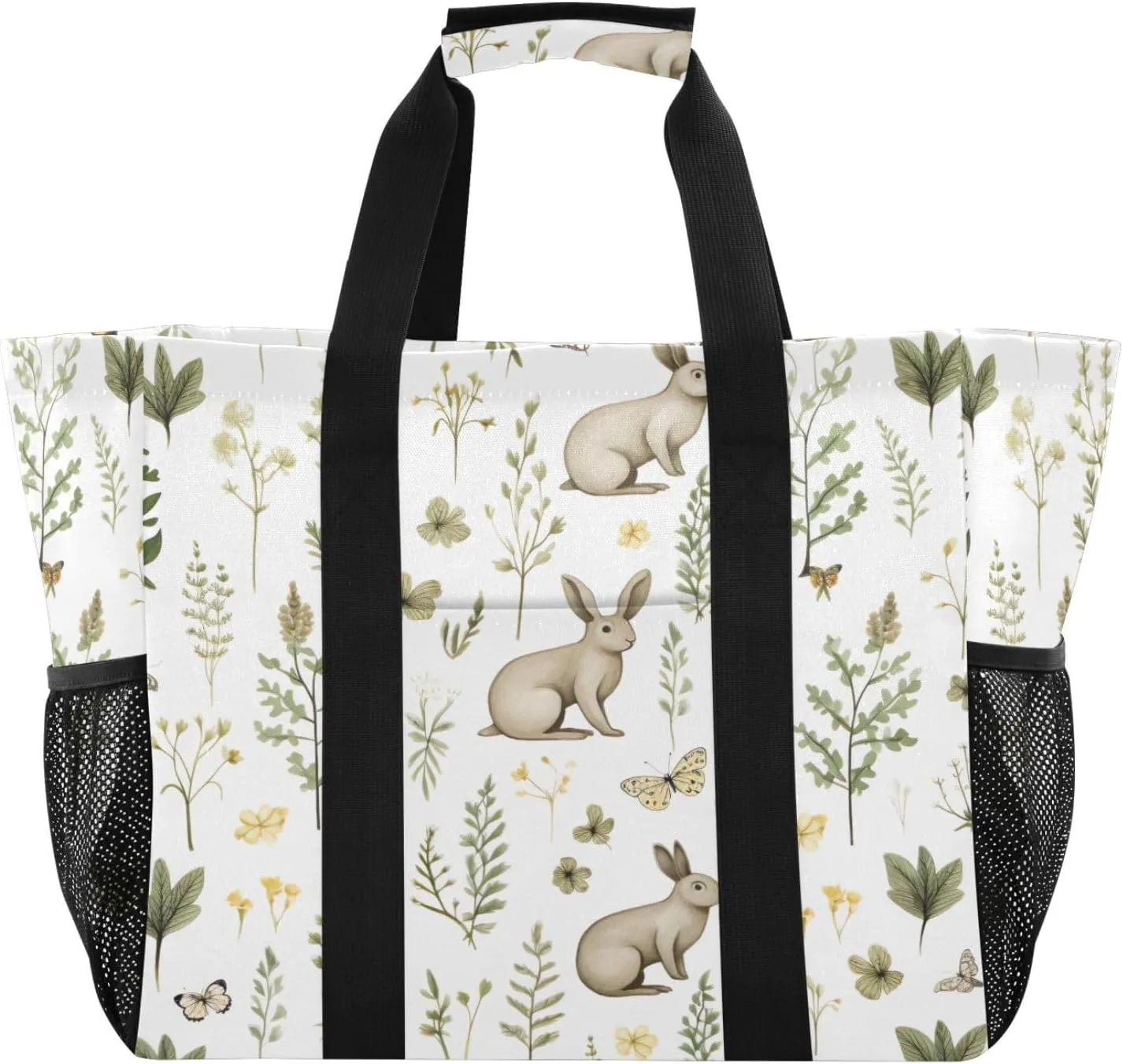 Rabbits and Grass Waterproof Tote Bag,Multi-Purpose Kitchen Reusable Grocery Bags, Travel, Beach & Laundry Organizer 15.4 X 9.8 X 12.8 inch