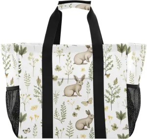 Rabbits and Grass Waterproof Tote Bag,Multi-Purpose Kitchen Reusable Grocery Bags, Travel, Beach & Laundry Organizer 15.4 X 9.8 X 12.8 inch