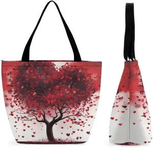 Red Love Heart Tree Shopping Bag for Ladies Reusable Shopping Bagstote Bag Stylish Waterproof Oxford Cloth Ladies Shoulder Bag for Work Shopping