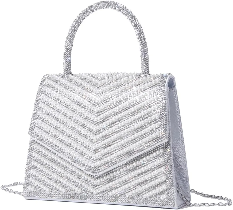 Rhinestone And Pearl Wristlet Clutch Evening Bags For Women Formal, Sparkling Ladies Purse, Stylish Flap Clutch Handbag