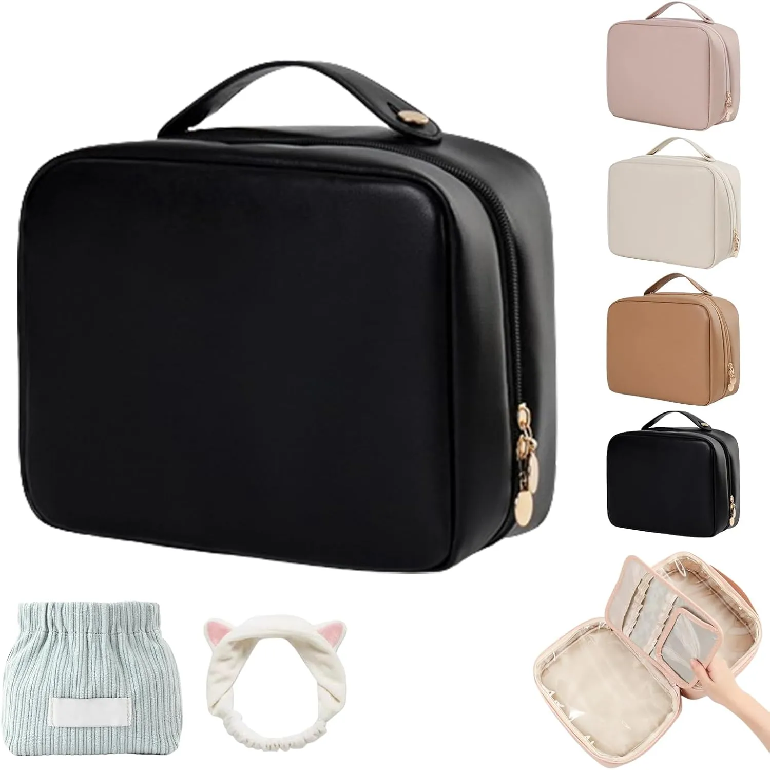 Set Patient Makeup Bag, Set Patient Makeup Pouch, Multi Compartment Toiletry Cosmetic Bag, Travel Makeup Pouch for Women, Portable Water Resistant Versatile Makeup Organizer Bag (1pcs-Black)