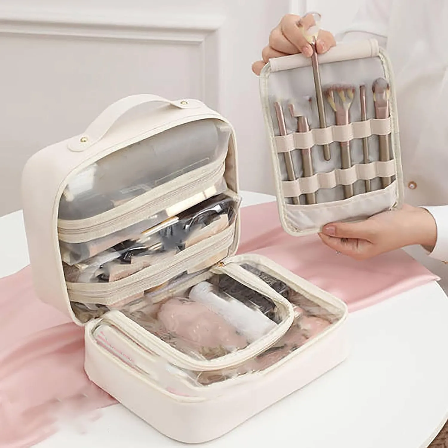 Set Patient Makeup Bag, Set Patient Makeup Pouch, Multi Compartment Toiletry Cosmetic Bag, Travel Makeup Pouch for Women, Portable Water Resistant Versatile Makeup Organizer Bag (1pcs-Black)