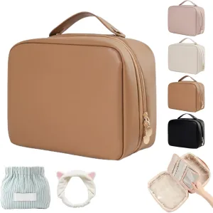 Set Patient Makeup Bag, Set Patient Makeup Pouch, Multi Compartment Toiletry Cosmetic Bag, Travel Makeup Pouch for Women, Portable Water Resistant Versatile Makeup Organizer Bag (1pcs-Brown)