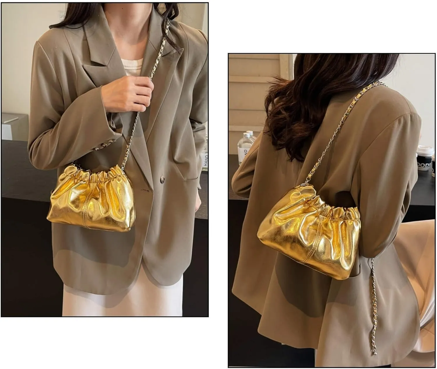 Shiny Bucket Bag for Women, High Gloss PU Leather Crossbody Purse with Drawstring Closure