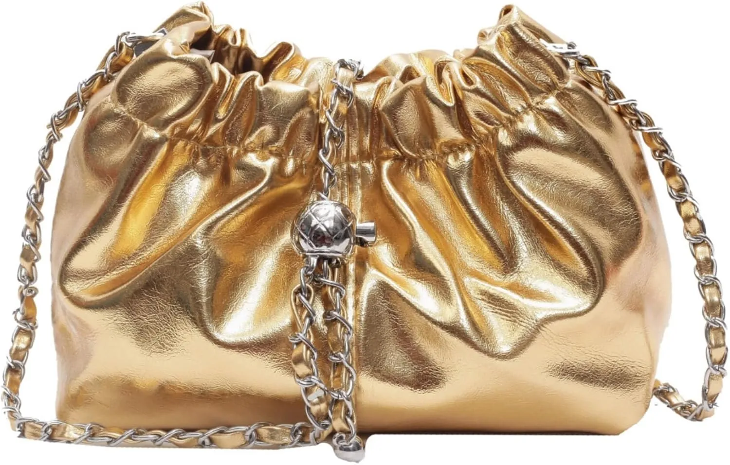 Shiny Bucket Bag for Women, High Gloss PU Leather Crossbody Purse with Drawstring Closure