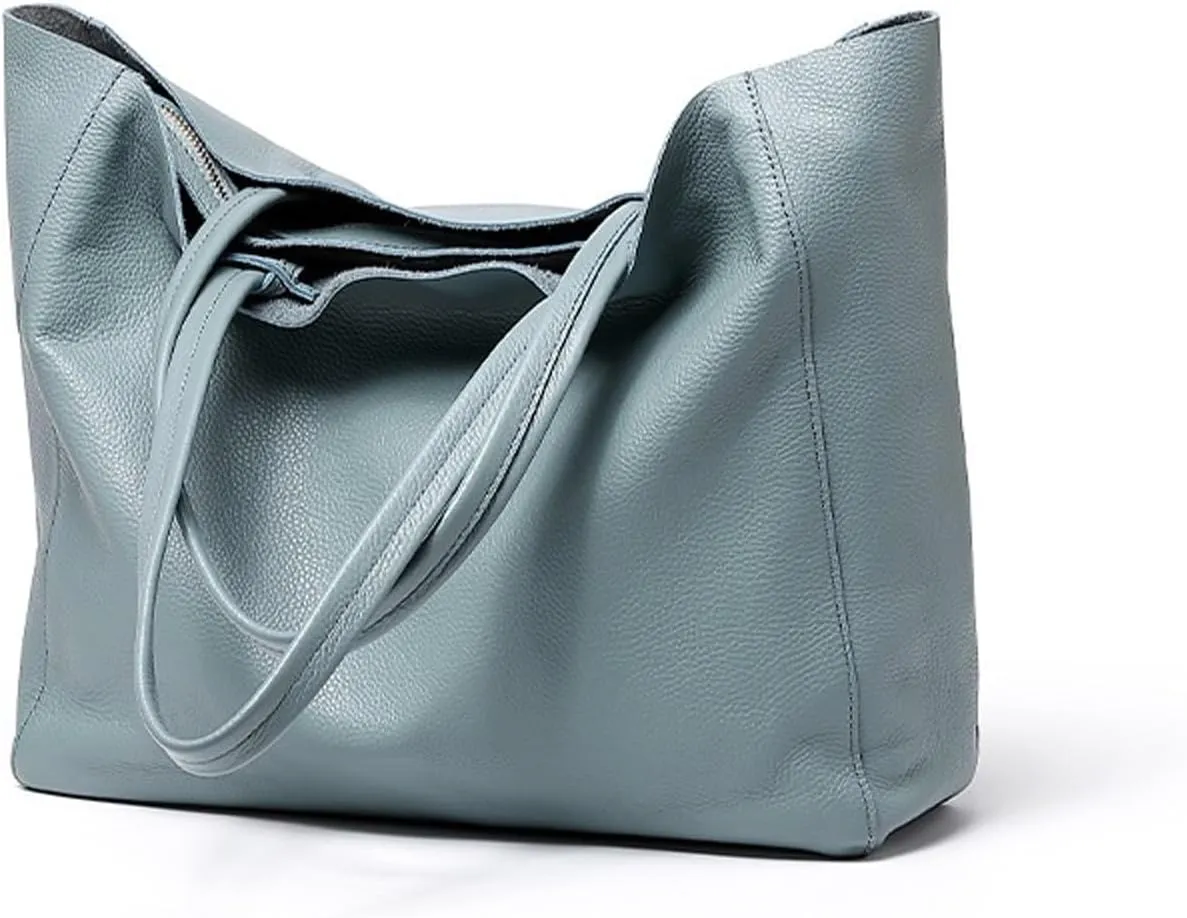 Shoulder Bag Genuine Leather Shoulder Bags for Women Large Real Cowhide Handbags Stylish Bucket Tote Bags(Blue)